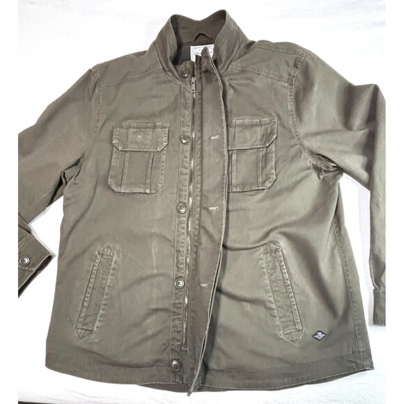 Flag Anthem Olive Mock Neck Trucker Military Shirt Jacket Zip Up Hidden Button - Picture 7 of 16